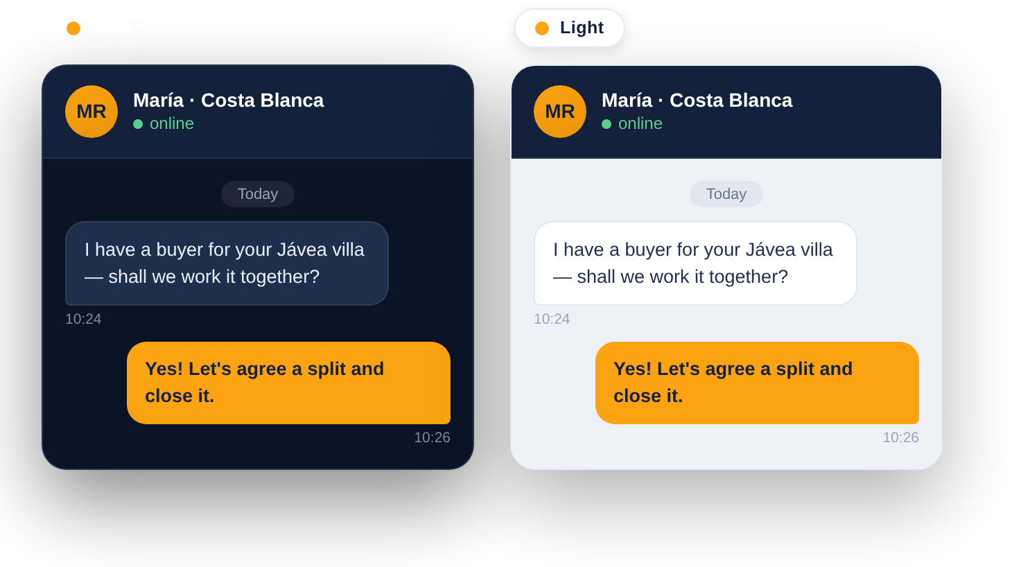 The Babysteps chat shown in dark and in light — switch between them in one tap.